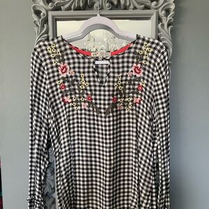 Jolt Black and White Gingham Blouse with Floral Embroidery